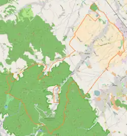 Mapa konturowa Pieszyc, blisko centrum na prawo znajduje się punkt z opisem „Pieszyce Stadion”