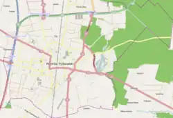 Mapa konturowa Piotrkowa Trybunalskiego, blisko centrum na lewo znajduje się punkt z opisem „Rynek Trybunalski”