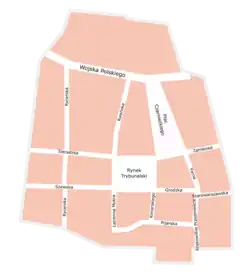 Mapa konturowa Starego Miasta w Piotrkowie Trybunalskim, na dole znajduje się punkt z opisem „Dom przy Rynku Trybunalskim 10”