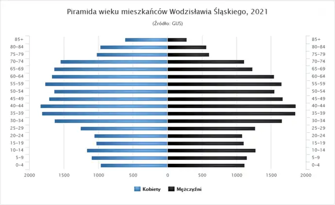 Piramida wieku mieszkańców Wodzisławia Śląskiego 2021