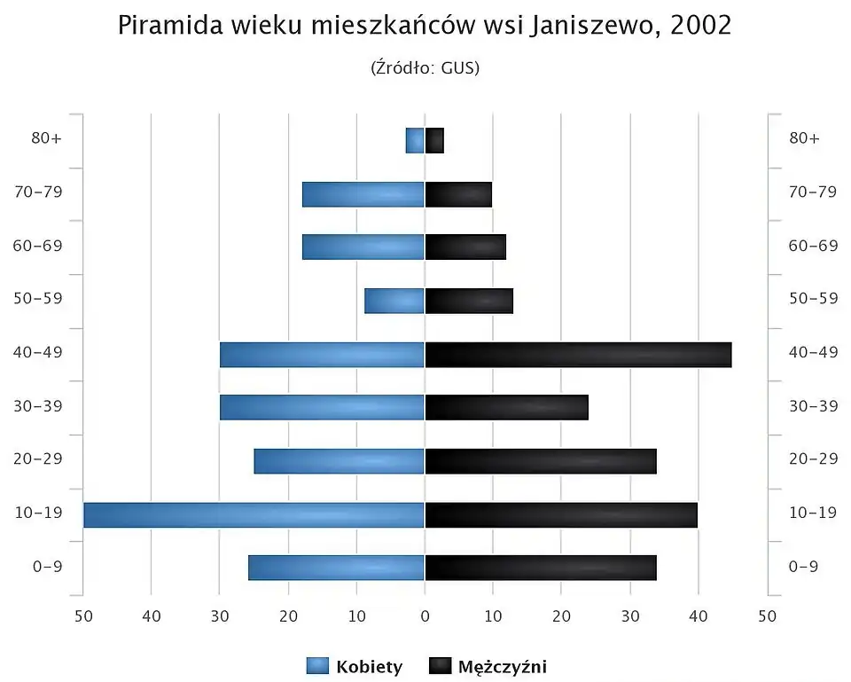Piramida wieku mieszkańców wsi Janiszewo, 2002r.