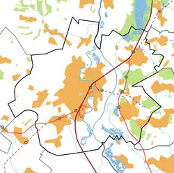 Mapa konturowa Raciborza, blisko centrum po lewej na dole znajduje się punkt z opisem „Racibórz Studzienna”