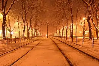 Ulica Józefa Dietla w zimowej scenerii