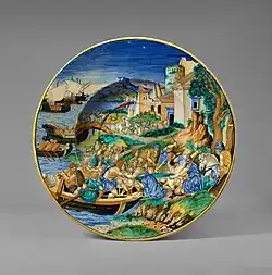 Talerz ze sceną porwania Heleny wykonaną przez Francesco Xanto Avelliego. Urbino, 1534. J. Paul Getty Museum