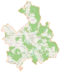 Mapa konturowa gminy Połczyn-Zdrój, blisko centrum na dole znajduje się punkt z opisem „Radiowo-Telewizyjny Ośrodek Nadawczy Toporzyk”
