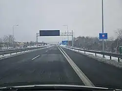 Początek autostrady A18 przy granicy polsko-niemieckiej w Olszynie (grudzień 2023)