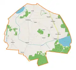 Mapa konturowa gminy Podedwórze, po prawej znajduje się punkt z opisem „Mosty”