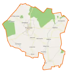 Mapa konturowa gminy Pogorzela, blisko centrum na lewo u góry znajduje się punkt z opisem „Parafia pod wezwaniem Świętego Michała Archanioła”