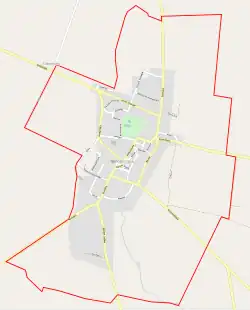 Mapa konturowa Pogorzeli, w centrum znajduje się punkt z opisem „Parafia pod wezwaniem Świętego Michała Archanioła”