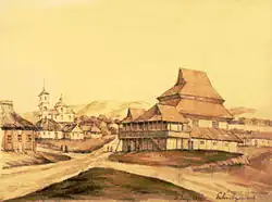 Synagoga i kościół parafialny. Rysunek N. Ordy, 1872