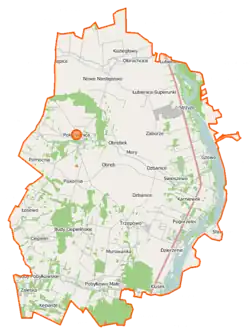 Mapa konturowa gminy Pokrzywnica, blisko centrum na prawo znajduje się punkt z opisem „Zaborze”