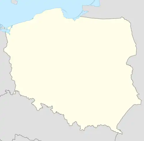 Mapa konturowa Polski w latach 1945–1951, blisko centrum na prawo znajduje się punkt z opisem „miejsce bitwy”