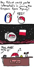 Przykładowy komiks kończący się zdaniem Poland cannot into space. Historia odnosi się do przyłączenia się Polski do Europejskiej Agencji Kosmicznej w 2012 roku