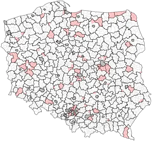 Mapa powiatów według rządowego projektu z sierpnia 1993 roku.