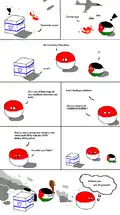 Polandball postanawia rozwiązać konflikt izraelsko-palestyński. Proponuje walczącym stronom zjednoczenie się przeciw wspólnemu wrogowi, jakim ma być on sam, jako antysemita i islamofob. Plan się udaje, a Polandball jest z siebie dumny.