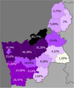 Polacy&nbsp;&nbsp;&nbsp;&nbsp;&nbsp;>50%&nbsp;&nbsp;&nbsp;&nbsp;&nbsp;30–50%&nbsp;&nbsp;&nbsp;&nbsp;&nbsp;20–30%&nbsp;&nbsp;&nbsp;&nbsp;&nbsp;10–20%&nbsp;&nbsp;&nbsp;&nbsp;&nbsp;5–10%&nbsp;&nbsp;&nbsp;&nbsp;&nbsp;2–5%&nbsp;&nbsp;&nbsp;&nbsp;&nbsp;<2%