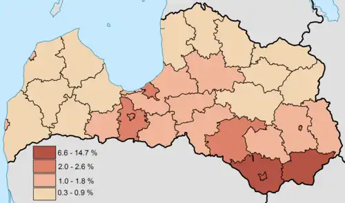 Odsetek ludności polskiej na Łotwie (stan 2008) według okręgów i miast wydzielonych