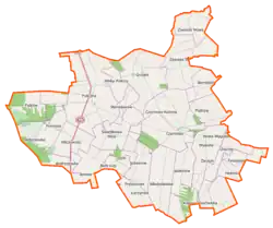 Mapa konturowa gminy Policzna, w centrum znajduje się punkt z opisem „Czarnolas-Kolonia”