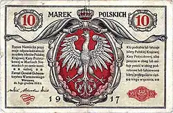 Godło Polski na banknocie 10 marek polskich z 1916