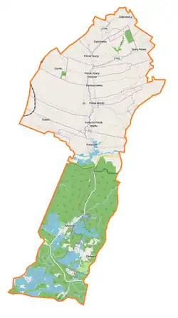 Mapa konturowa gminy Potok Wielki, u góry po prawej znajduje się punkt z opisem „Zarajec Potocki”