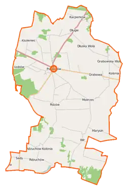 Mapa konturowa gminy Potworów, po prawej nieco na dole znajduje się punkt z opisem „Marysin”