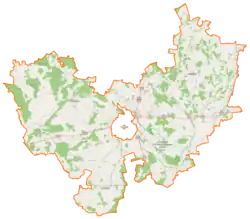 Mapa konturowa powiatu łomżyńskiego, na dole nieco na prawo znajduje się punkt z opisem „Stare Modzele”