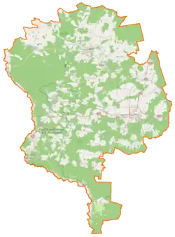 Mapa konturowa powiatu żarskiego, u góry znajduje się punkt z opisem „Lubsko”