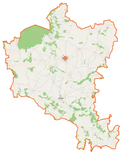 Mapa konturowa powiatu żuromińskiego, blisko centrum u góry znajduje się punkt z opisem „Żuromin”