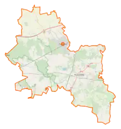Mapa konturowa powiatu żyrardowskiego, u góry nieco na lewo znajduje się punkt z opisem „Wiskitki”