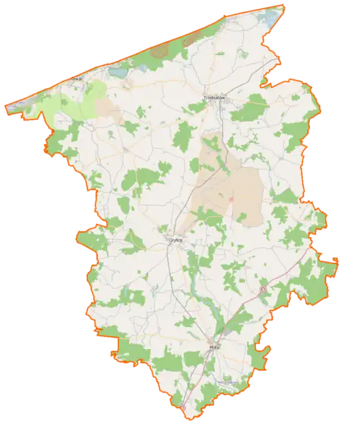 Mapa konturowa powiatu gryfickiego, w centrum znajduje się punkt z opisem „Gryfice”