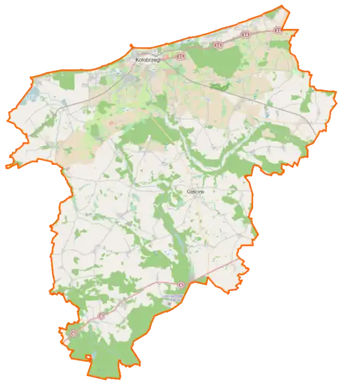 Mapa konturowa powiatu kołobrzeskiego, blisko centrum na prawo u góry znajduje się punkt z opisem „Bardy”