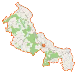 Mapa konturowa powiatu kozienickiego, u góry nieco na lewo znajduje się punkt z opisem „Magnuszew”