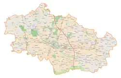 Mapa konturowa powiatu kutnowskiego, w centrum znajduje się punkt z opisem „Kutno”