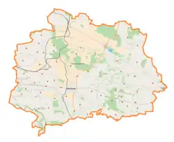 Mapa konturowa powiatu miechowskiego, na dole nieco na prawo znajduje się punkt z opisem „Nasiechowice”