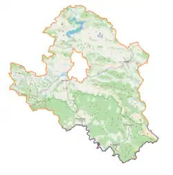 Mapa konturowa powiatu nowosądeckiego, w centrum znajduje się punkt z opisem „Myślec”