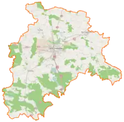 Mapa konturowa powiatu ostrowskiego, blisko dolnej krawiędzi po lewej znajduje się punkt z opisem „Piła”