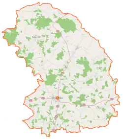 Mapa konturowa powiatu sokołowskiego, na dole znajduje się punkt z opisem „Sokołów Podlaski”