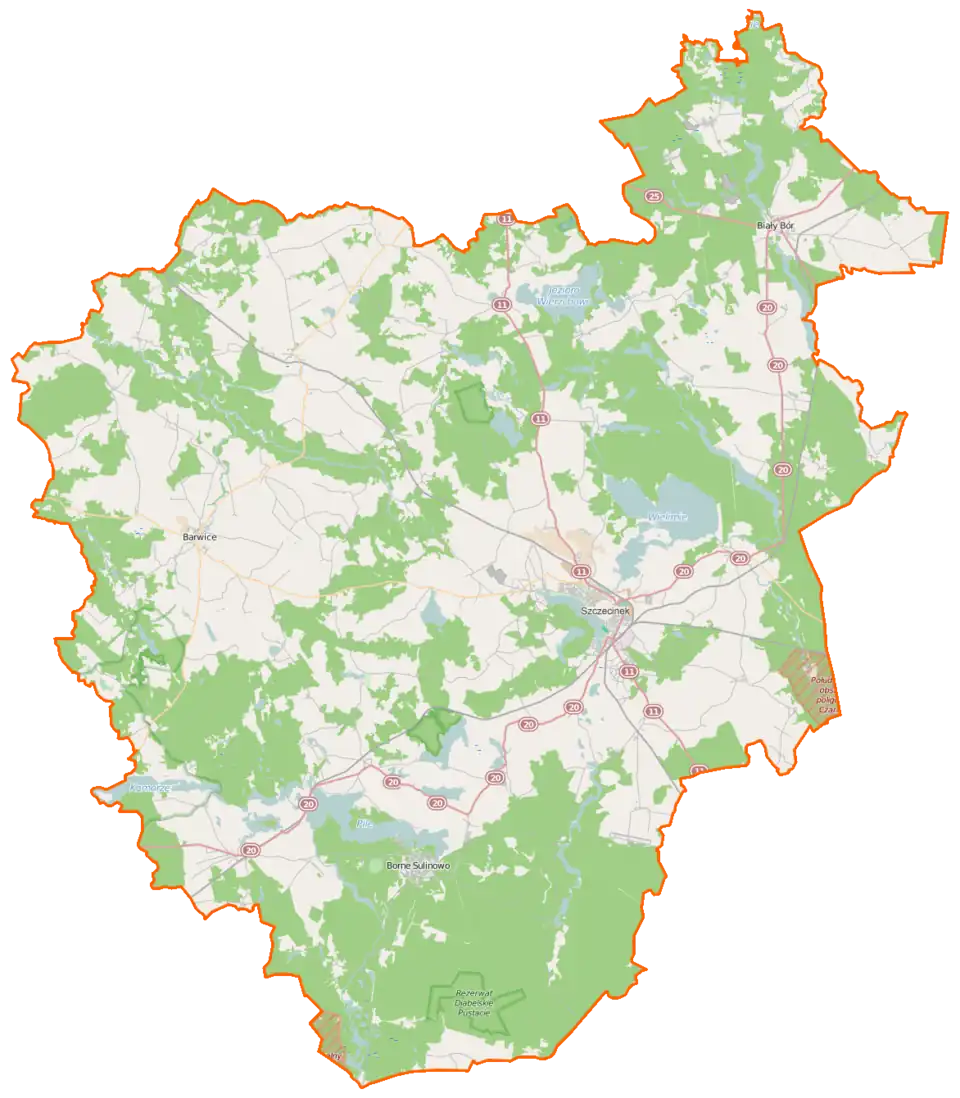 Mapa konturowa powiatu szczecineckiego, blisko centrum u góry znajduje się punkt z opisem „Iwin”