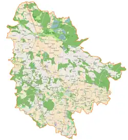 Mapa konturowa powiatu trzebnickiego, na dole po lewej znajduje się punkt z opisem „Zamek w Urazie(ruiny)”