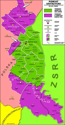 Stan administracyjny powiatu ustrzyckiego w pierwszym dniu jego istnienia (1952-01-01)