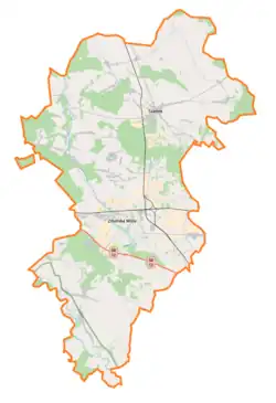 Mapa konturowa powiatu zduńskowolskiego, na dole po lewej znajduje się punkt z opisem „Pstrokonie”