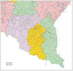 Stan administracyjny w przeddzień utworzenia powiatu bieszczadzkiego, 1972-10-31 (kolor fioletowy: powiat sanocki, kolor żółty: powiat leski, kolor seledynowy: powiat ustrzycki)