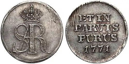 Próbny grosz w czystym srebrze (1771) według projektu Moszyńskiego