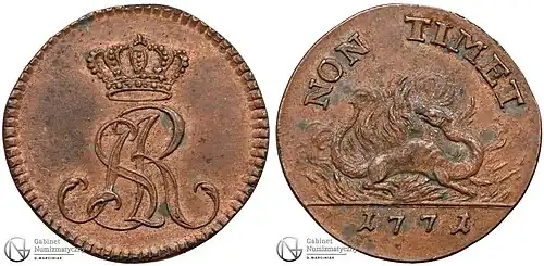 Próbny dwugrosz (1771) według projektu Moszyńskiego – odbitka w miedzi