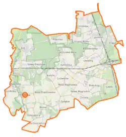 Mapa konturowa gminy Prażmów, blisko prawej krawiędzi znajduje się punkt z opisem „Czachówek Południowy”