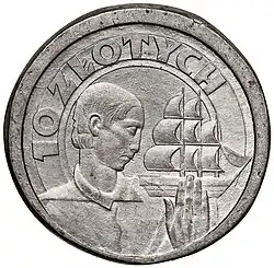 Projekt 10 złotych 1934 statek wybity w bizmucie rewers