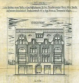 Zrealizowany projekt kamienicy. Rysunek H. Pisczka z 1906 roku