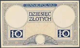 Awers kolejnej fazy projektu 10 złotych 1919