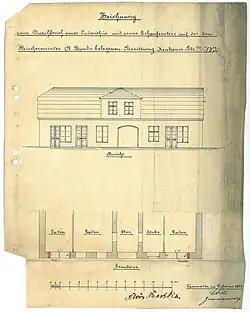 Budynek w miejscu obecnej kamienicy. Rysunek D. Scholza z 1892 roku