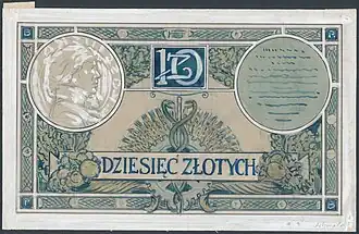 Rewers wstępnej fazy projektu 10 złotych 1919